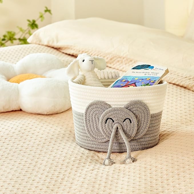 Adorable Small Elephant Cotton Rope Basket - Gift Empty Baskets - Toy Storage Basket, Woven Basket for Baby Essentials, Decorative Woven Basket for Nurseries and Playrooms (11"x7")-Ruum Studio Home