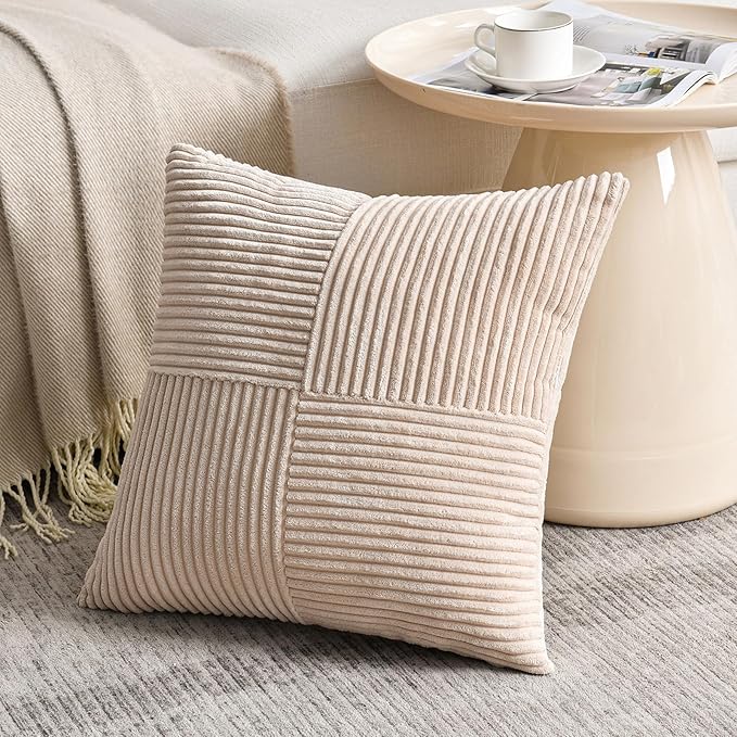 Fancy Homi 2 Packs Tan Samll Decorative Throw Pillow Covers 14x14 Inch with for Couch Bed Sofa, Rustic Farmhouse Boho Home Decor, Soft Corss Patchwork Corduroy Square Beige Cushion Case 35x35 cm-Ruum Studio Home