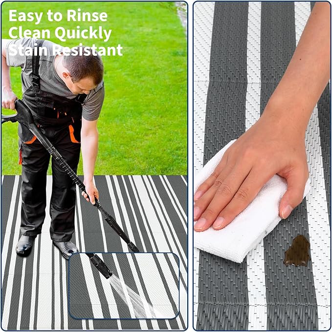Outdoor Patio Rug 9x12 Stain-Resistant Reversible Camping Mat, Modern Striped Outdoor Plastic Straw Rug, Waterproof Outside Carpet, Easy to Clean for RV, Porch, Deck, Balcony, Grey-Ruum Studio Home