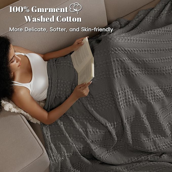 PHF 100% Cotton Waffle Weave Blanket Twin Size, Soft Lightweight Breathable Cozy Summer Blankets for Bed, Luxury Aesthetic Woven Bedding for Home Decor, 66"x90", Charcoal Grey-Ruum Studio Home