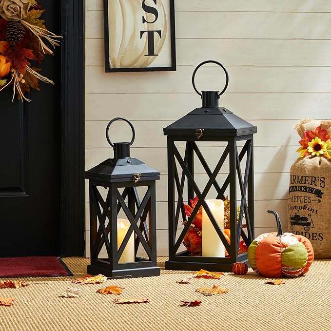 Glitzhome Modern Farmhouse Wooden Lantern Hanging Decorative Candle Lantern for Outdoor & Indoor Black Set of 2 (No Glass)-Ruum Studio Home