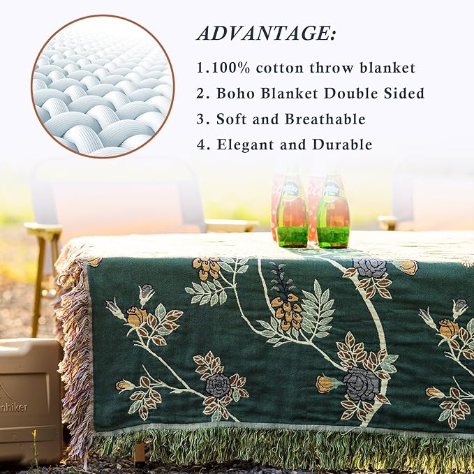 Snycler Boho Throw Blanket for Bed - 100% Cotton Ultra Soft Rustic Quilt Green Hummingbird Printed Farmhouse Decor Bed Blankets,60"×80" All Season Rustic Throw for Sofa Couch Chair-Ruum Studio Home