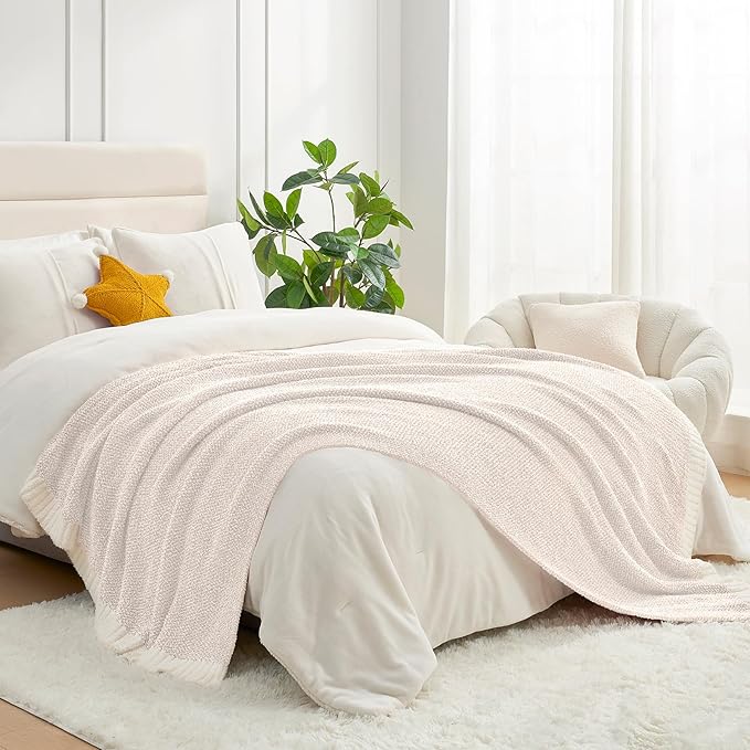 Snuggle Sac Buttery Ivory Throw Blanket for Couch, Reversible Super Soft Knitted Blankets, Warm Cozy Knit Fuzzy Plush Lightweight Throws Dupes for Sofa, Bed, Picnic, Ivory, 50 x 60 inches-Ruum Studio Home
