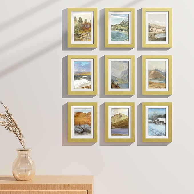 Vittanly 5x7 Picture Frames Set of 9, Shatter Resistant Plexiglass, Display 4x6 Pictures with Mat or 5x7 without Mat, Photo Frames for Wall or Tabletop, Engineered Wood, Gold-Ruum Studio Home
