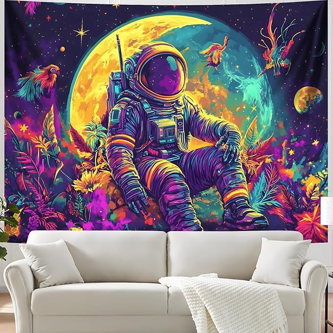BVBOX Astronaut Space Blacklight Tapestry 79"x59", UV Reactive Astronaut Moon Garden Flower Universe Galaxy Planet Glow in Dark Tapestries, Black Light Neon Upright Poster Wall Hanging Backdrop Decor for Bedroom Living Room-Ruum Studio Home