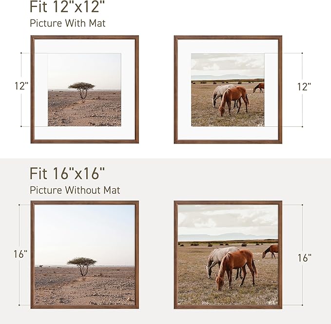 16x16 Picture Frame Set of 4 Natural Solid Walnut Photo Frames with 12x12 Removable Mat Wall Hanging Large Handcrafted Frame with HD Plexiglass Wall and Tabletop Display Large Poster Frame-Ruum Studio Home