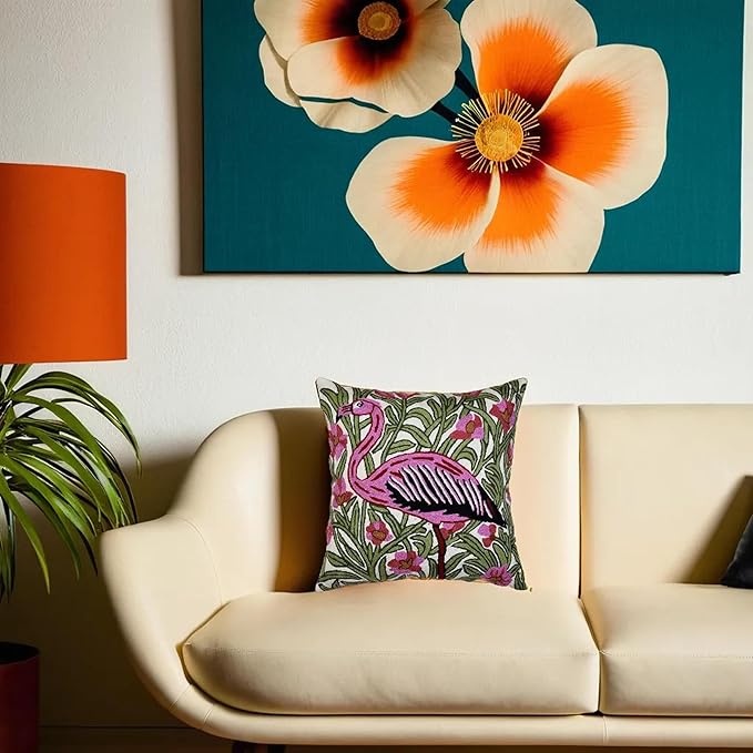 William Morris Flamingo Floral Pillow Cover - Hand Embroidered Modern Flower Pillowcase, Outdoor Cushion, Suzani Farmhouse Chair Throw, Couch Cushions - Wool, Size 18x18-Ruum Studio Home