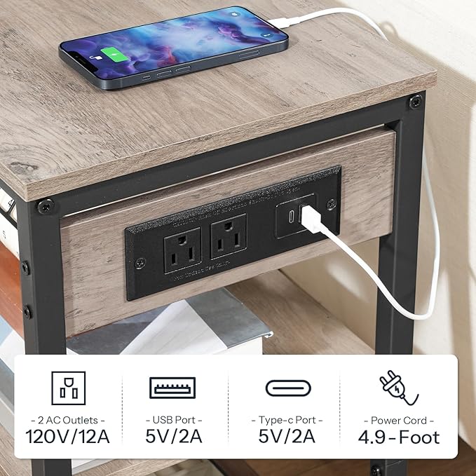 HOOBRO End Table with Charging Station, Simple Rustic Side Table with 3-Tier Storage Shelf, Narrow Nightstand for Small Spaces, for Living Room, Industrial Design, Greige and Black BG149UBZ01-Ruum Studio Home