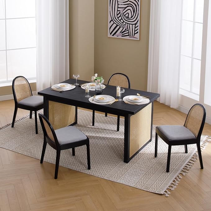 Mid Century Dining Chairs Set of 4, Accent Rattan Side Chairs Linen Fabric Kitchen Chair with Solid Wooden Legs for Living Room Dining Room, Grey-Ruum Studio Home