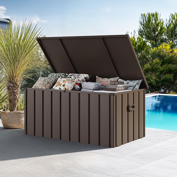 PURPLE LEAF Outdoor Deck Box 150 Gallon Waterproof Lockable Storage Box Container with Lid Deck Organization for Patio Cushions Side Table Pool Accessories Garden Tools, Brown-Ruum Studio Home
