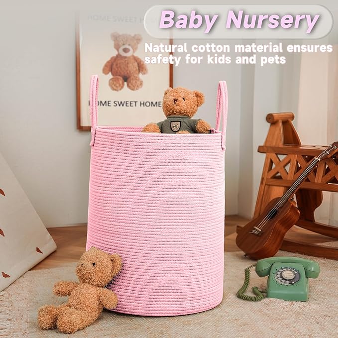 Large Woven Laundry Basket Hamper,80L Cotton Rope Storage Bin for Blankets,Toys and Clothes,Decorative Tall Nursery Hamper for Living Room,Baby Nursery,Bathroom and Bedroom,Pink-Ruum Studio Home