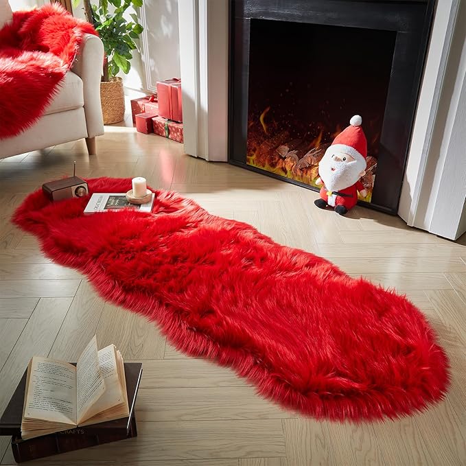 AMTOVO Faux Sheepskin Rug, Red Ultra Soft Fluffy Shag Area Rug, 2 x 6 ft Faux Fur Rug for Bedroom Sofa Throw Cushion Room Decor, Sheepskin-Ruum Studio Home