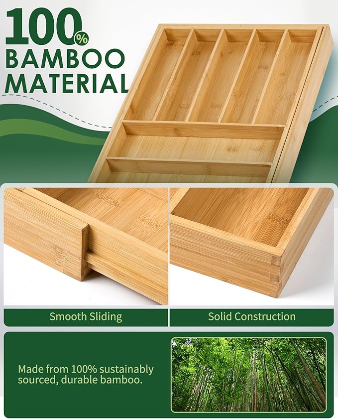 Premium Bamboo Expandable Drawer Organizer, 7-9 Slots Adjustable Kitchen Drawer Organizer for Large Cooking Utensils Cutlery, Kitchen Drawer Organization-Ruum Studio Home