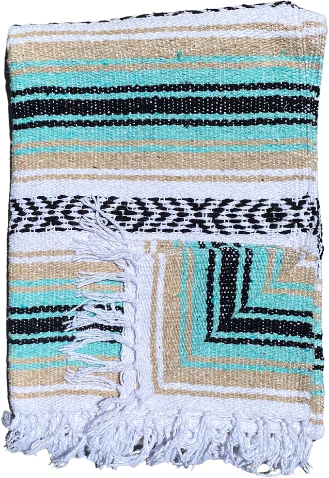 Del Mex Classic Mexican Blanket, Large Authentic Woven Falsa Throw (70"x50"), Artisan Southwest Décor for Beach, Yoga, Outdoors (Mint/Tan)-Ruum Studio Home