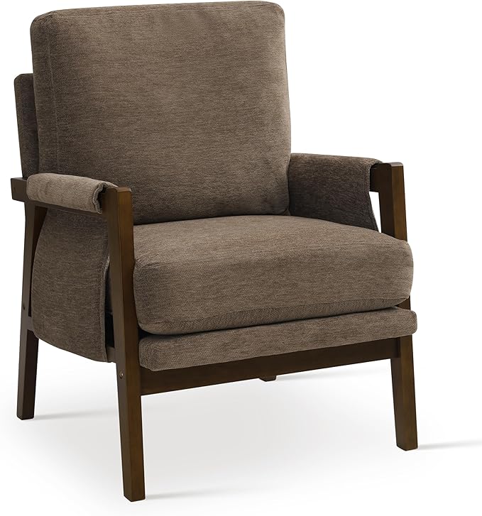 Modern Accent Chair for Living Room Mid Century Arm Chair Upholstered Bedroom Chair Comfy Lounge Chair with Solid Wood Frame, Dark Brown-Ruum Studio Home