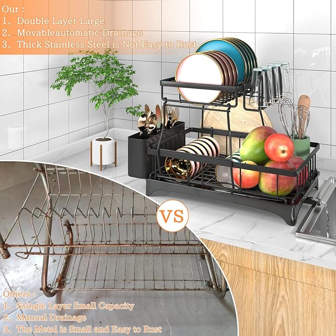 Godboat Dish Drying Rack, 2-Tier Dish Rack with Auto-Drain & Mat, Dish Racks for Kitchen Counter, Dish Drainer with Knife, Fork & Cup Rack, Gifts for Women, Mothers Day, Cool Stuff & Kitchen Gadgets-Ruum Studio Home
