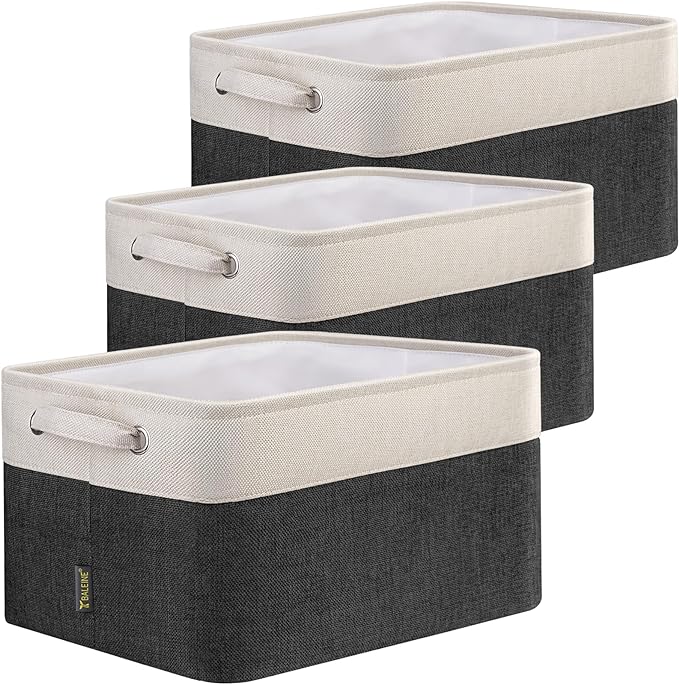 BALEINE 3 Pack Fabric Storage Bins for Shelves, Linen Storage Baskets for Organizing, Decorative Closet Bins for Clothes, Home (Black, 12"x8"x8")-Ruum Studio Home