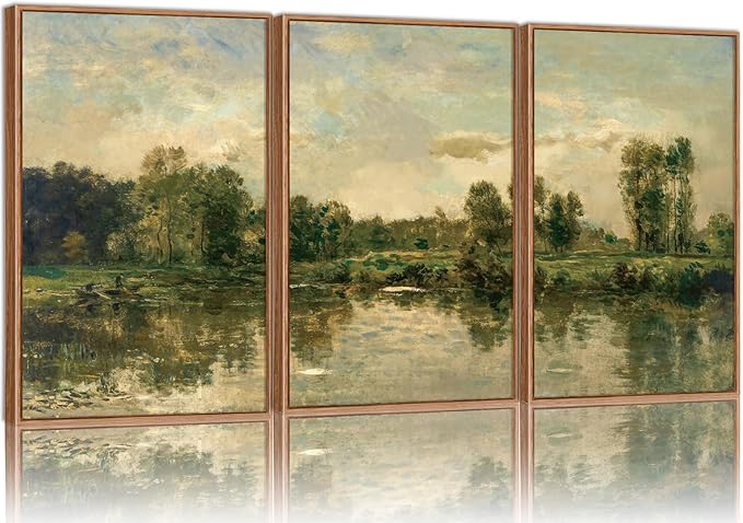 Tinonedraw Vintage Nature Framed Canvas Wall Art Set of 3, French Country Wall Decor, Olive Green Trees Art Paintings, Rustic Landscape Farmhouse Art Prints for Living Room Bedroom Office 24"x36"x3-Ruum Studio Home