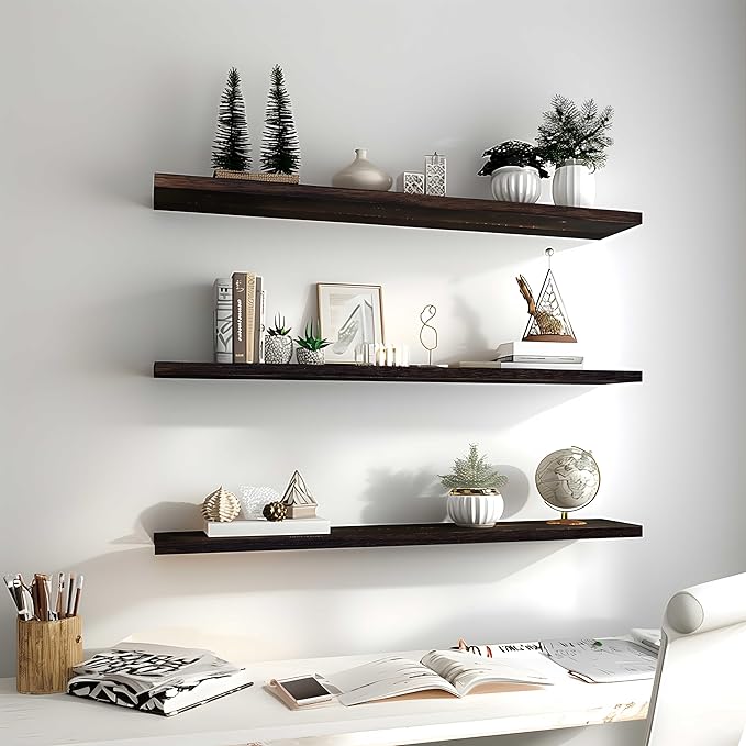Wood Floating Shelves for Wall Decor, Rustic Wall Shelves for Bedroom Bathroom Kitchen Living Room, Set of 4 Walnut 36 Inch-Ruum Studio Home