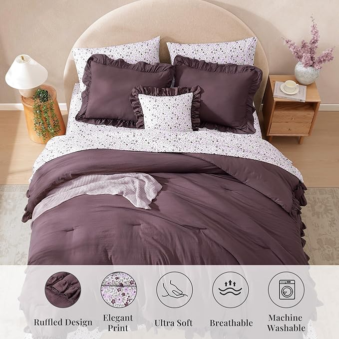 Full Comforter Set - 7 Pieces Ruffle Purple Bedding Sets, Shabby Chic Farmhouse Bed in a Bag Full with Ruffle Comforter, Floral Sheets, Pillowcases & Shams-Ruum Studio Home