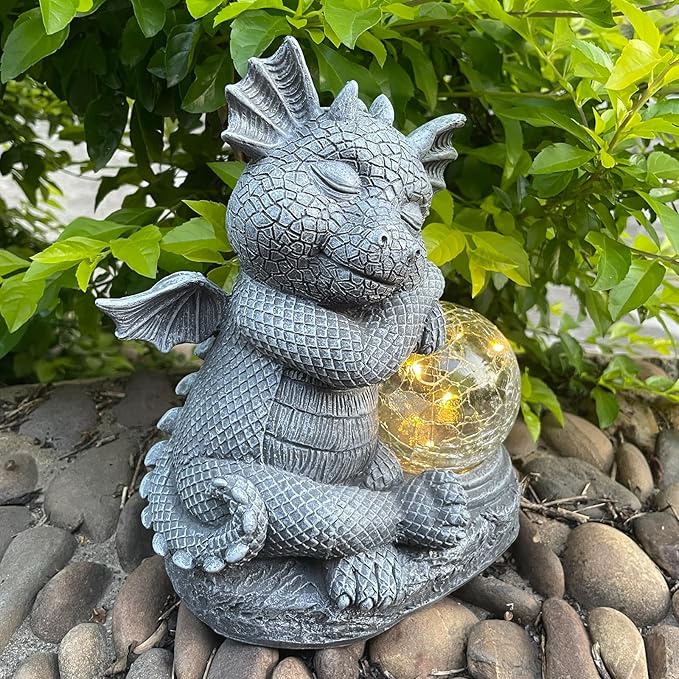 Garden Dragon Figurine Solar Powered Outdoor Cute Dragon with Hold Glowing Glass Ball Resin Sculpture for Porch Patio Lawn Farm Yard Home Decoration Gift for Women Housewarming-Ruum Studio Home