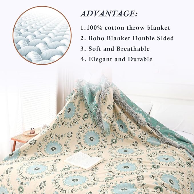 Snycler Boho Throw Blanket for Bed - 100% Cotton Ultra Soft Rustic Quilt - Blue Boho Floral Printed Farmhouse Decor Bed Blankets, 80"×90" All Season Rustic Throw for Sofa Couch Chair-Ruum Studio Home