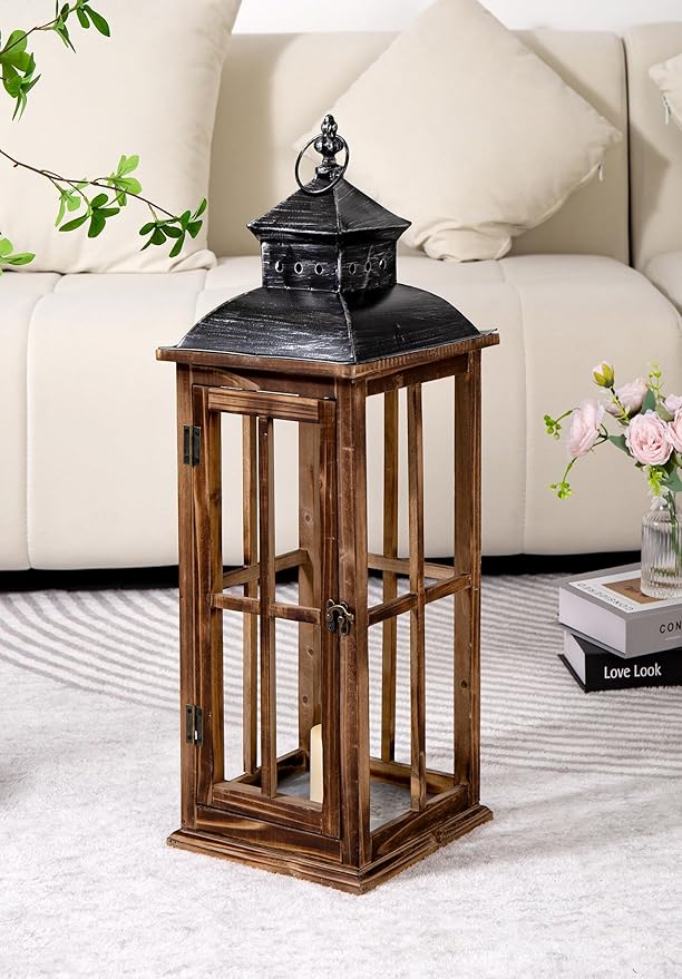 Large Farmhouse Decorative Wooden Lanterns Set of 2, Rustic Burnt Wood Floor Lanterns, Indoor/Outdoor Hurricane Lanterns for Home Decor (No Glass)-Ruum Studio Home