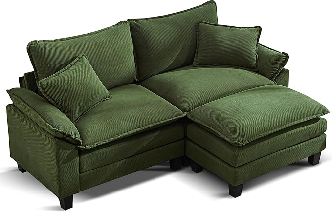URRED Modular Sectional Sofa Comfy Cloud Couch, Modern Corduroy Sofa Sleeper Deep Seat Couches with Ottoman/Pillows for Living Room (Green, 82.6''- L Shape)-Ruum Studio Home