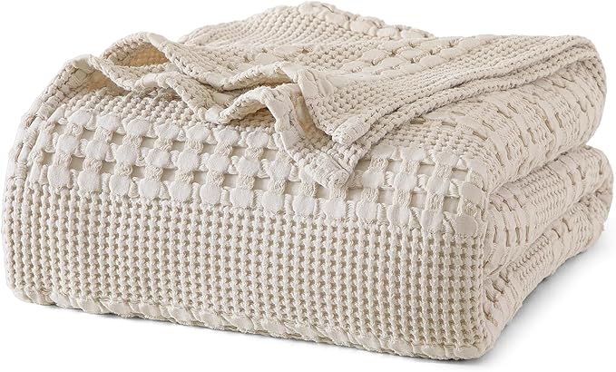 PHF 100% Cotton Waffle Weave Blanket Queen Size, Soft Lightweight Breathable Cozy Summer Blankets for Bed, Luxury Aesthetic Woven Bedding for Home Decor, 90"x90", Oatmeal-Ruum Studio Home