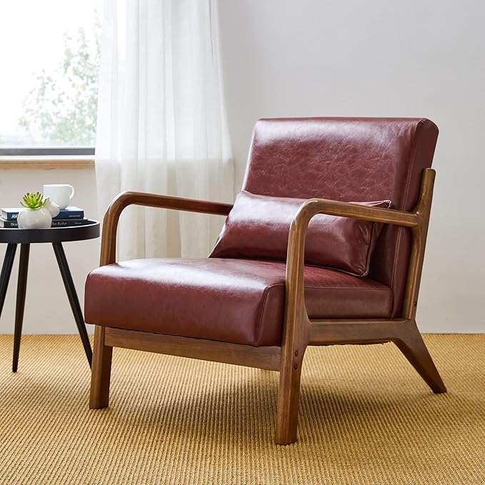 Glitzhome 30.75" H Mid Century Red Accent Armchair, Single Reading Armchair PU Leather Lounge Chair with Walnut Ruberwood Frame-Ruum Studio Home