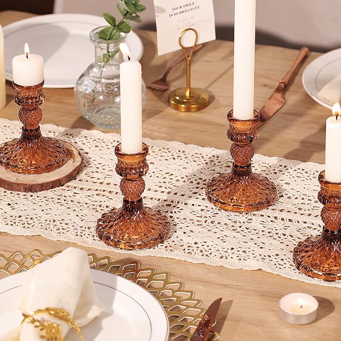 12Pcs Amber Candlestick Holders Set- 4" H Taper Candle Holders Bulk, Glass Candle Holders for Wedding, Party, Fall Dinner Table Centerpieces, Festival Gifts & Windowsill Decor-Ruum Studio Home