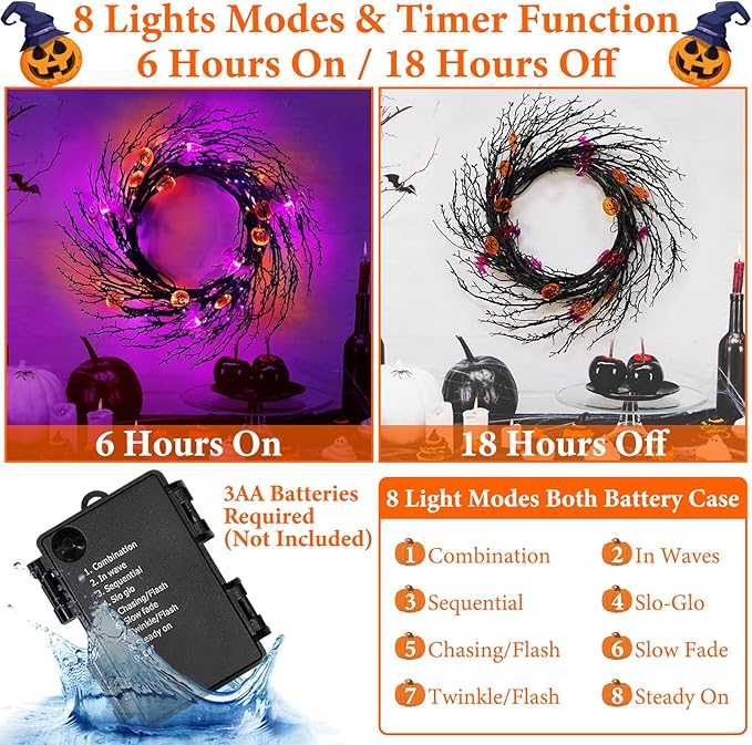 7 Ft 63 LED Halloween Willow Vine Twig Garland with 8 Modes Timer Orange Purple 21 Pumpkin Bats Lights,Halloween Garland with Waterproof Battery Operated for Indoor Wall Fireplace Decorations-Ruum Studio Home