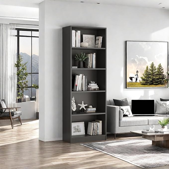 Bookshelf, Open Modern Bookshelf, 5 Shelf Bookcase with Freestanding Display Storage, Wooden Book Shelf for Bedroom, Living Room, Dinning Room, Office, Dray-Ruum Studio Home
