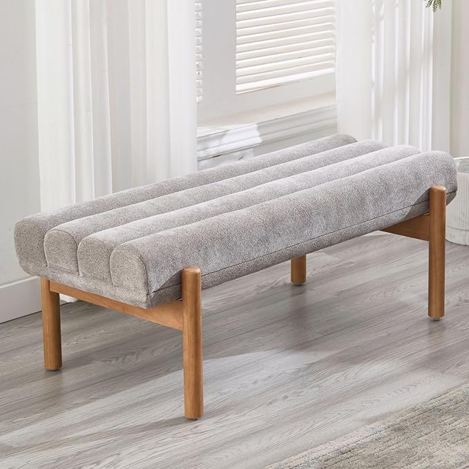 Upholstered Bench Grey Modern End of Bed Bench Chenille Fabric Bedroom Bench for Entryway Living Room Vanity Makeup Room, 47" Long, Wooden Legs-Ruum Studio Home