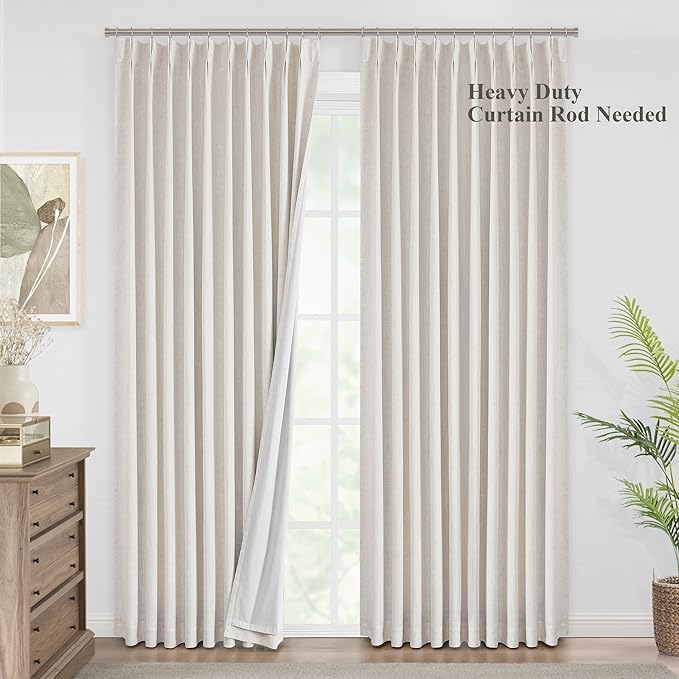 Vision Home Natural Pinch Pleated Full Blackout Curtains Linen Blended Room Darkening Window Curtains 63 inch for Living Room Bedroom Thermal Insulated Pinch Pleat Drapes with Hooks 1 Panel 60"Wx63"L-Ruum Studio Home