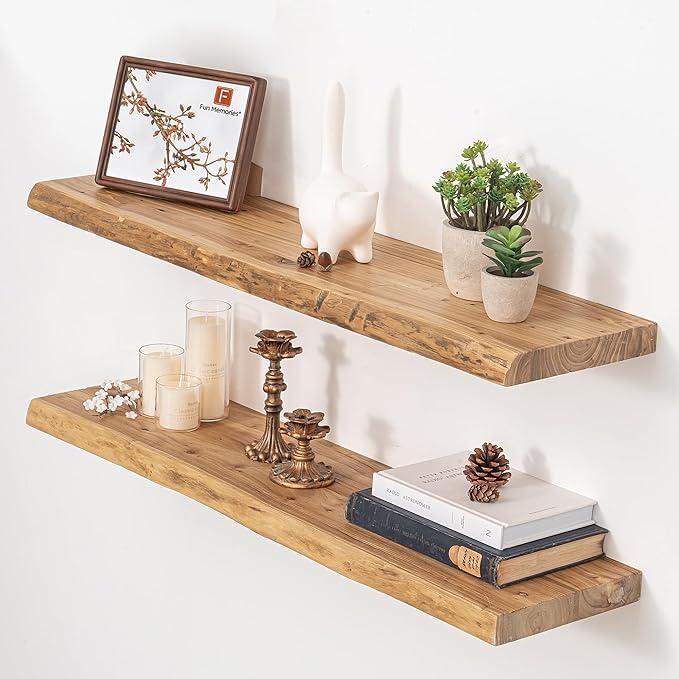 Floating Shelves for Wall, 36"x9.3" Rustic Solid Live-Edge Elm Wood Wall Shelves, Heavy-Duty Floating Shelves with Invisible Brackets, Set of 2 for Living Room, Bedroom, and Kitchen, Natural Finish-Ruum Studio Home