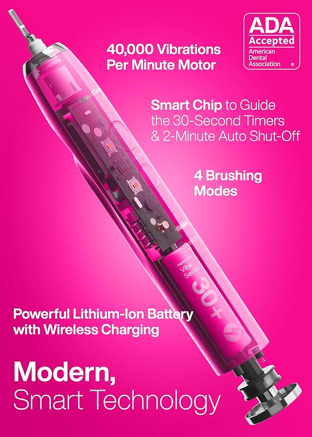 Aquasonic Vibe Series Ultra-Whitening Toothbrush – ADA Accepted Electric Toothbrush - 8 Brush Heads & Travel Case – 40,000 VPM Motor & Wireless Charging - 4 Modes w Smart Timer – Electric Pink-Ruum Studio Home
