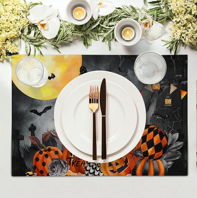 Black Cat Halloween Placemats Set of 4 Spooky Pumpkin Boo Bat Moon Horror Place Mats 12x18 Inch Seasonal Washable Linen Table Mat for Party Kitchen Dining Outdoor Indoor Decor-Ruum Studio Home
