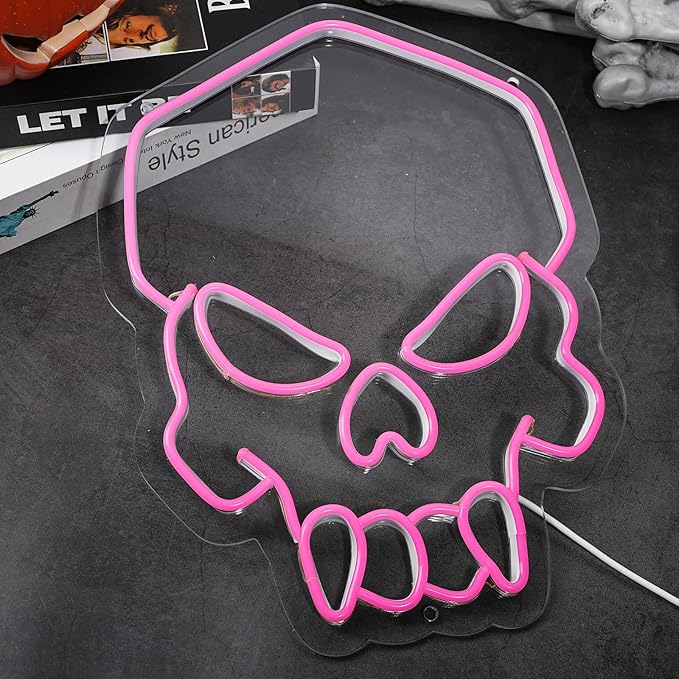 Dimmable Skull Neon Sign,Halloween Pink Neon Sign Light for Wall Decor, Skeleton LED Neon Sign for Beer Bar Bedroom Art,Skull Head Neon Lights Suitable for Computer Room, 5V USB Power 15.75 * 11.8in-Ruum Studio Home