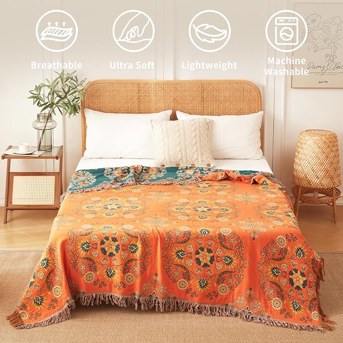 Colorful Throw Blanket 80"x90" Pure Cotton Luxury Throw Rustic Quilt Floral Pattern Home Decor Orange Blanket Lightweight Picnic Blanket(80"x90",04-Garland)-Ruum Studio Home