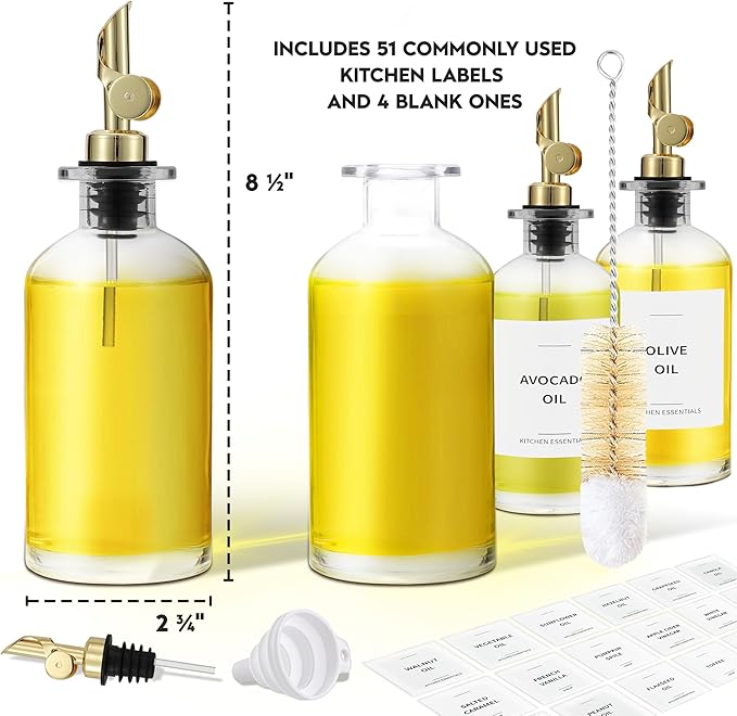 Olive Oil Dispenser Bottle - Includes 55 Kitchen Essential Labels - Cooking Oil Bottles for Kitchen, Coffee Syrup Dispenser - Pourer Spout with 11.8 fl oz Glass Container Cruet - 4pcs, Gold-Ruum Studio Home