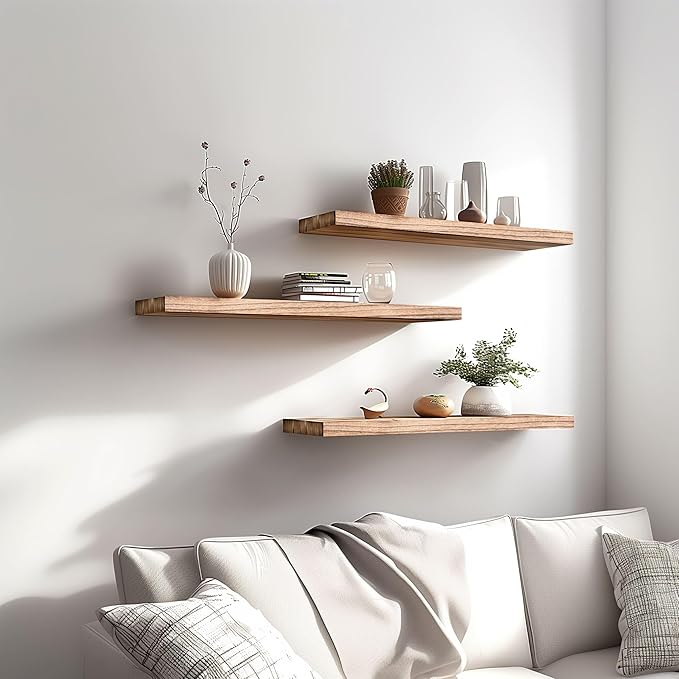 Wood Floating Shelves for Wall Decor, Rustic Wall Shelves for Bedroom Bathroom Kitchen Living Room, Set of 4 Light Walnut 24 Inch-Ruum Studio Home