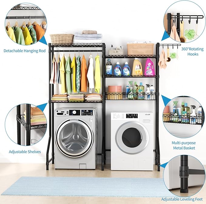 Over Washer and Dryer Shelves,Heavy Duty Laundry Room Storage Organization Clothes Drying Rack,5 Tier Adjustable Height Wire Shelving and Wire Basket with Hanger Rod&Hook,Space Saving Shelf-Ruum Studio Home