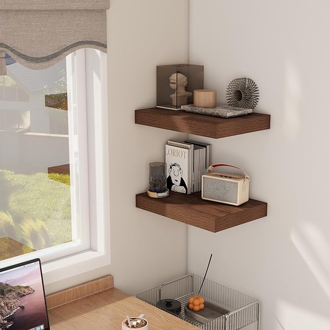12 Inch Deep Floating Shelves, 16 x 12 Floating Shelf for Books, Rustic Wood Deep Wall Shelves for Home Storage & Display, 2" Thicked Shelves for Kitchen, Living Room, Bedroom, Walnut Color, 2 Pack-Ruum Studio Home