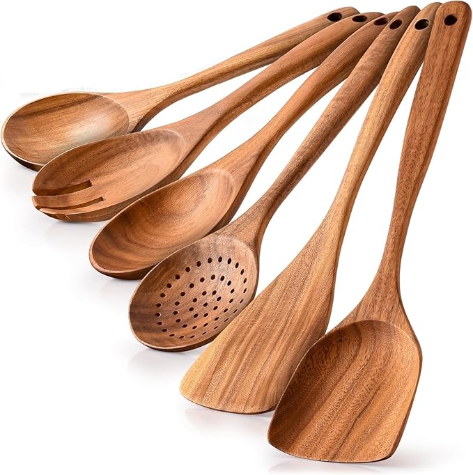 Wooden Spoons for Cooking Utensils Set with Holder, Spoon Rest & Hooks, Teak Wood Nonstick Kitchen Cookware-Ruum Studio Home