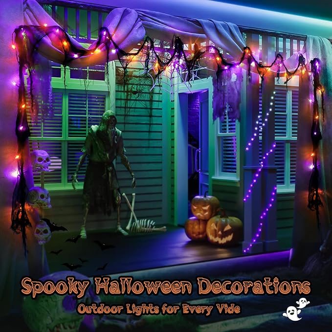 Halloween Horror Atmosphere Lights, Orange&Purple LED String Lights with 9.9FT Creepy Black Gauze, Battery Powered with Timer & 8 Flashing Modes (Orange & Purple)-Ruum Studio Home