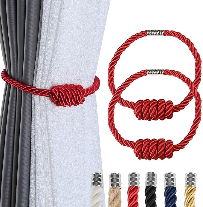Fenghuangwu 2Pack Magnetic Curtain Tiebacks – Bohemian Style Handmade Woven Tie-Backs for Drapes,Elegant Exquisite Knot Holdbacks,Outdoor Boho & Modern Home Decor -Red-Ruum Studio Home