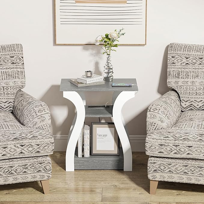End Tables Living Room, Grey End Table with Charging Station, Grey Side Table, Nightstand for Bedroom, 3 Tier End Table with Storage Shelf for Living Room-Ruum Studio Home