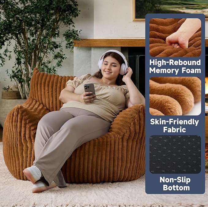 Oversized Bean Bag Chair for Adults, Giant Comfy Plush Boneless Bean Bag Couch with Filler for Kids - Reading Chair for Living Room, Bedroom & Dorm, Single Accent Chair Floor Lounger, Orange-Ruum Studio Home