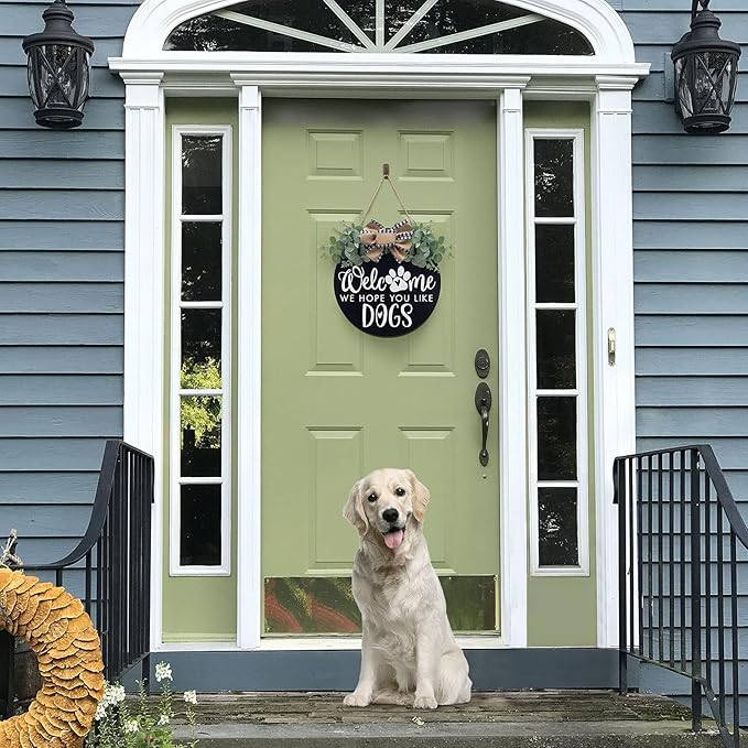 Welcome We Hope You Like Dogs Farmhouse Door Sign for Front Door Porch Decor with Eucalyptus Leaves & Buffalo Bow - Welcome Wreath Sign Hanging for Dogs Lovers Spring Summer Decor Housewarming Gift-Ruum Studio Home